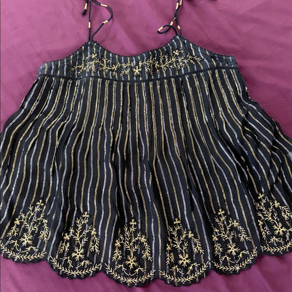 MISA Black and Gold Embroidered Striped Top